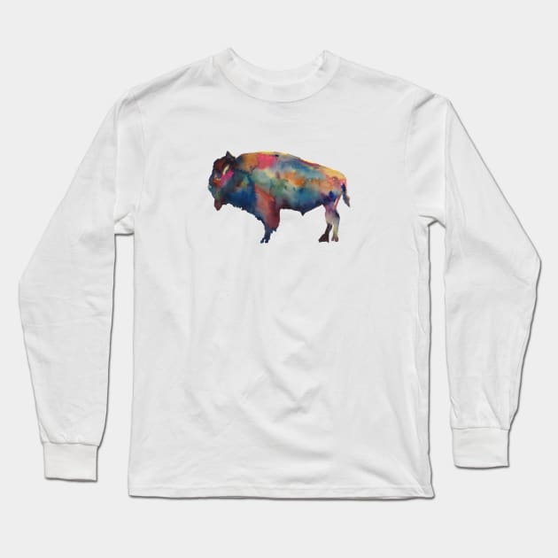 Buffalo Bison Colorful Cowboy Watercolor Art Long Sleeve T-Shirt by CunninghamWatercolors